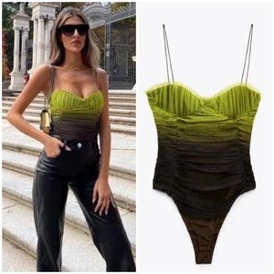 ZARA Tulle Mesh Ombré Green Corset Bodysuit XL
